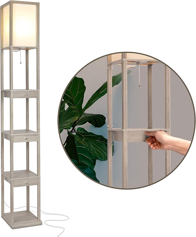 Brightech Maxwell Drawer Edition - Modern Shelf Floor Lamp with Drawer - Corner Display Floor Lamps with Shelves for Living Room, Bedroom and Office - Rustic Wood