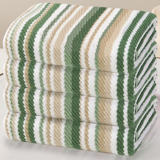 Green Bath Towels Set of 4, 28"x52" - 100% Cotton | Quick Dry | Soft | Absorbent | Lightweight, Striped Bath Towels for Bathroom & Guest, Stripe Shower Towel with Hanging Loop, Sage and Beige Stripes