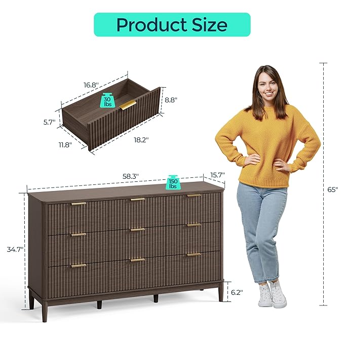 LINSY 9 Drawer Double Dresser for Bedroom, Modern Fluted Wood Chest of Drawers with Gold Metal Handles, Wide Storage Dresser TV Stand for Bedroom, Living Room, Entryway, Walnut