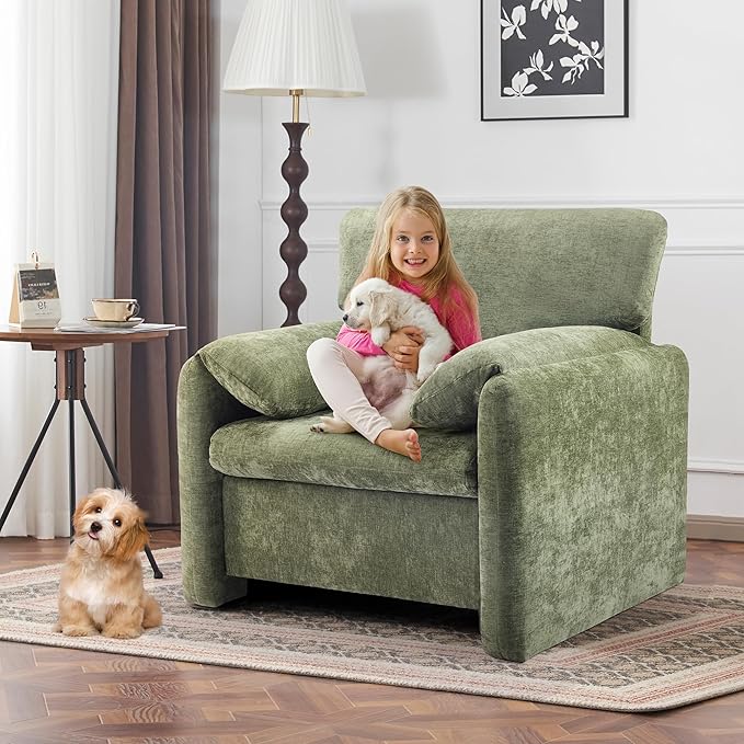 39" Modern Chenille Oversized Armchair, Wide Accent Chair Set of 2, Mid Century Single Sofa Chairs, Comfy Upholstered Reading Chair for Living Room, Bedroom, and Apartment (Green)