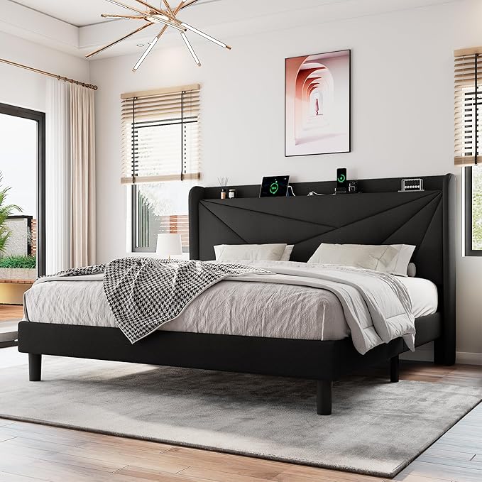 King Size Upholstered Bed Frame with Charging Station, Platform Bed Frame with Storage Headboard, Solid Wood Slats Support, No Box Spring Needed, Black