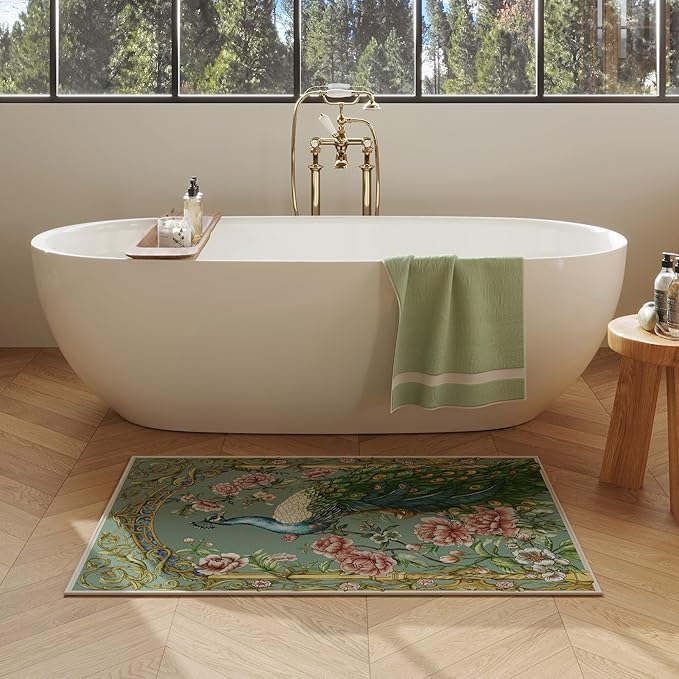 Door Mat Indoor Entrance 2x3 Rug Machine Washable Floral Peacock Animal Small Area Rug Non-Slip Low Pile Throw Rugs for Entryway, Kitchen, Front Door, Entry, Kids Room (Mint Turquoise)