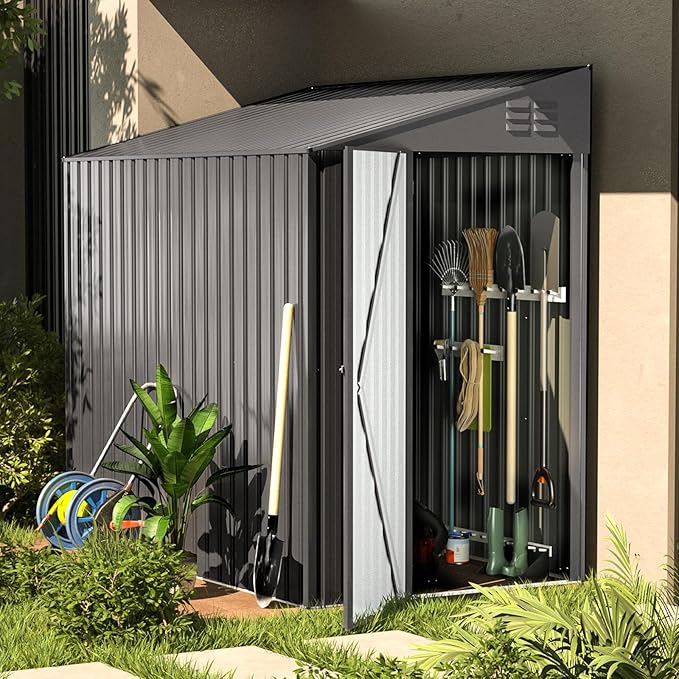 AECOJOY 4' x 6' Lean to Shed, Small Metal Outdoor Storage Shed, Wall Side Sheds & Outdoor Storage Cabinet Clearance, Bike Shed for Garden, Backyard and Outdoor Use in Dark Grey
