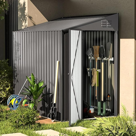 AECOJOY 4' x 6' Lean to Shed, Small Metal Outdoor Storage Shed, Wall Side Sheds & Outdoor Storage Cabinet Clearance, Bike Shed for Garden, Backyard and Outdoor Use in Dark Grey