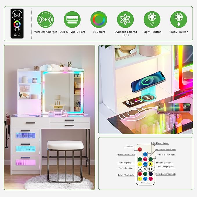 HENBC Vanity Desk with Sliding Mirror and Glass Desktop, LED Vanitys Mirror with RGB Lights Desk and Chair, Dressers Table Set with Charging Station/Makeup Organizer/6 Drawers for Bedroom(White)