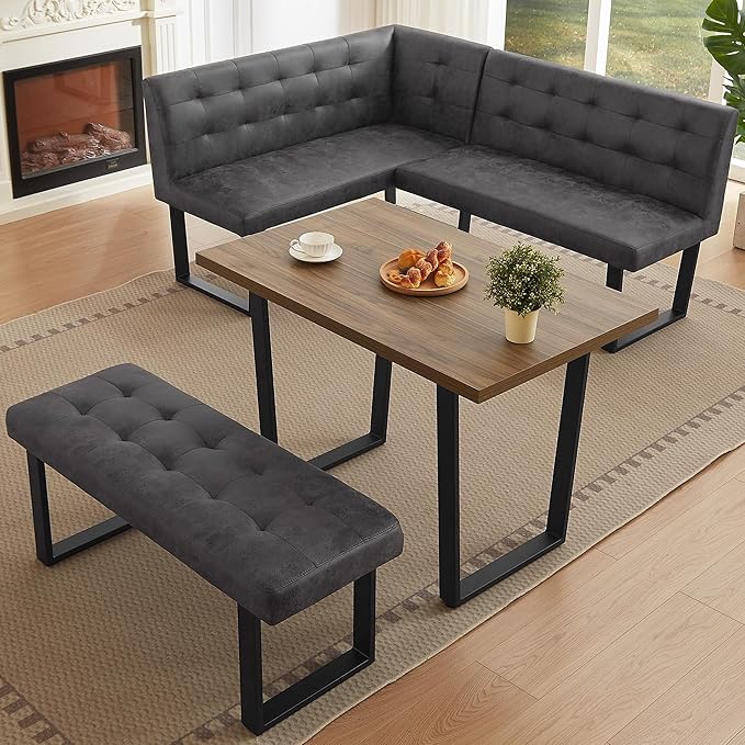 3-Piece Corner Dining Table Set with Bench, 70 Inch Space-Saving Breakfast Nook for Kitchen & Dining Room(Walnut Table & R-Seat Grey Bench)
