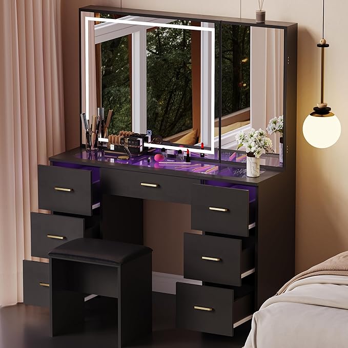 Glass Top Vanity Desk with Mirror and Lights, Black Makeup Vanity with RGB Drawer, Dressing Table with Adjustable Brightness, Vanity Set for Dressing Room (Black-Glass Top, with Stool)