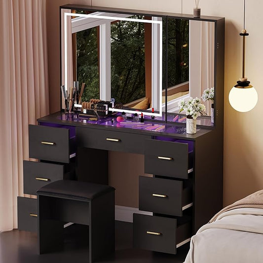 Glass Top Vanity Desk with Mirror and Lights, Black Makeup Vanity with RGB Drawer, Dressing Table with Adjustable Brightness, Vanity Set for Dressing Room (Black-Glass Top, with Stool)