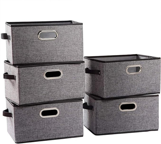 PRANDOM Large Collapsible Storage Baskets for Closet [5-pack] Decorative Fabric Storage Bins Cubes with Leather/Metal Handles for Shelves Bedroom Living Room Grey (14.9x9.8x8.3 Inch)