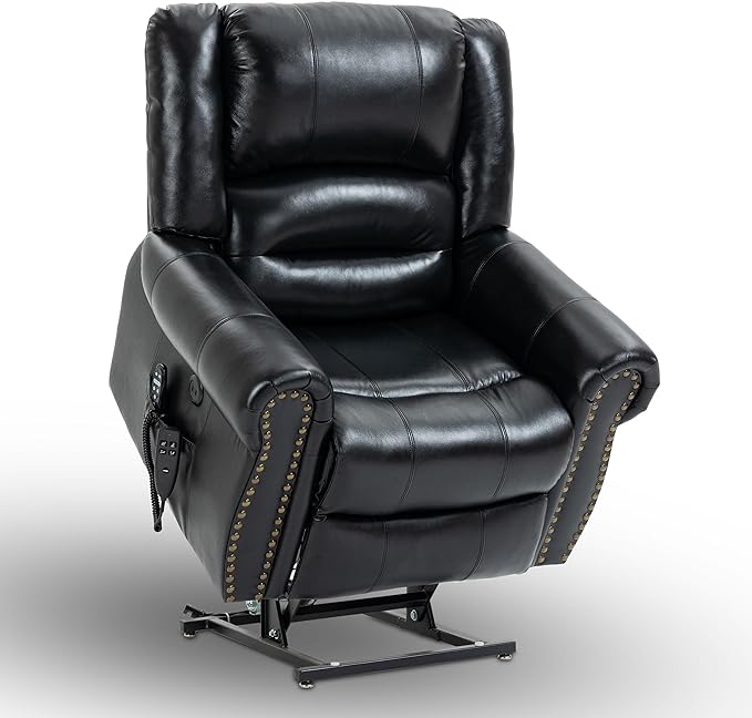 Power Lift Recliner Chair for Elderly, Dual Motor Massage Recliner with Lumbar Heat, Heavy Duty Motion Mechanism Lift Chair with Charge Ports, Genuine Leather - Black