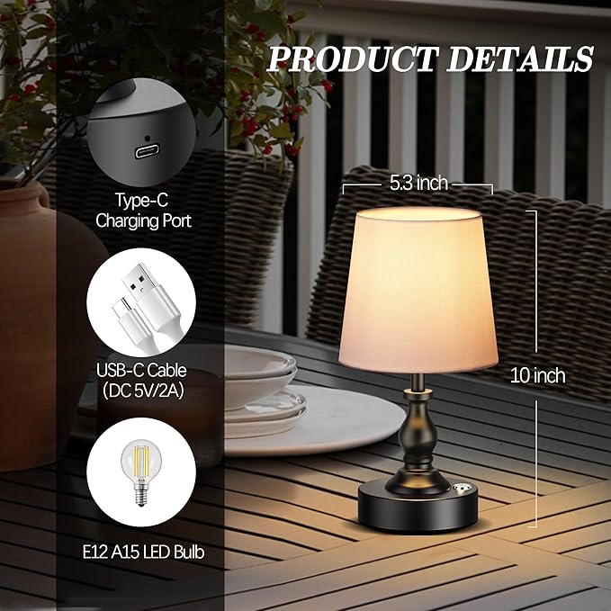PARTPHONER Mini Cordless LED Table Lamp, 5200mAh Rechargeable Battery Operated Lamp, 3-Level Brightness, Touch Dimmable Desk Lamp, Bedside Night Light for Patio Camping Restaurant Home, Matte Black