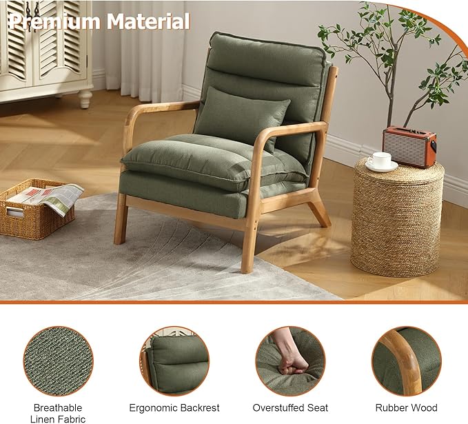 INZOY Mid Century Modern Accent Chair with Wood Frame, Upholstered Reading Armchair with Waist Cushion, Double Padded Accent Chair, Side Chair for Living Room Bedroom Office, Easy Assembly, Green