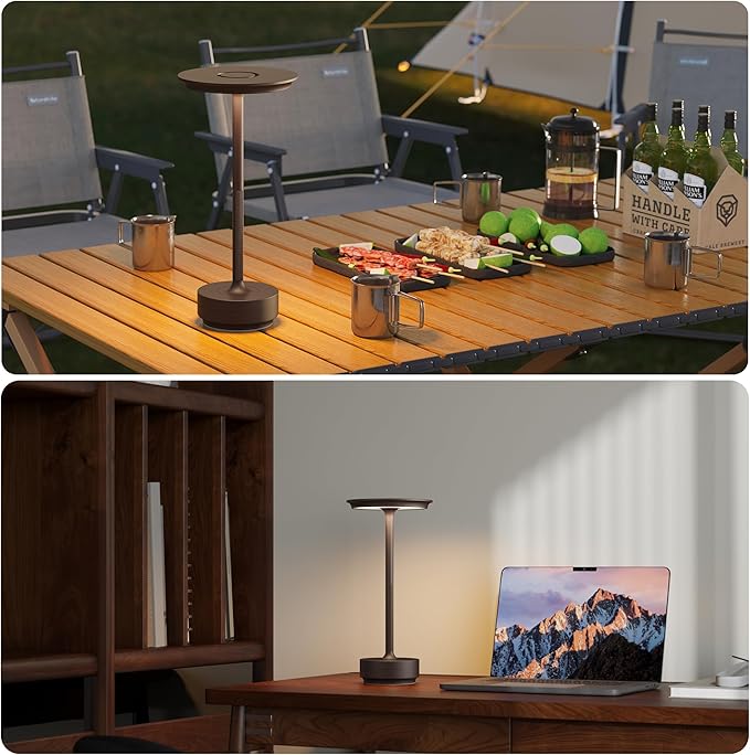 Rechargeable Table Lamps Cordless, Portable 5000mAh Outdoor Table Light, 3 Color Stepless Dimming LED Table Lamp with Memory Function, for Home/Dinner/Patio/Restaurant.(Brown)