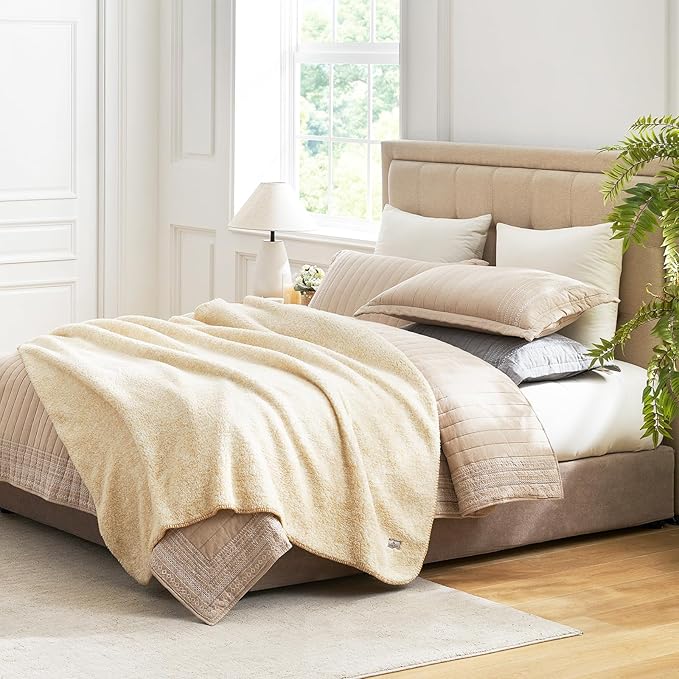 Cozy Bliss Ultra Soft Reversible Double Sherpa Sided Blanket, Fluffy Thick Warm Plush Fuzzy Blanket for Couch, Bed and Gifts (Mottled Beige, 60" x 80")