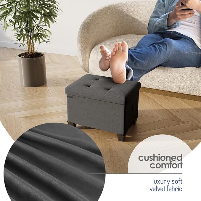 STORAGEBUD Storage Ottoman Cube with Small Bin, 16-in Square Ottoman with Storage for Living Room and Bedroom, Small Ottomans Foot Rest, Velvet Foot Stools Ottomans Max 330lbs, Grey