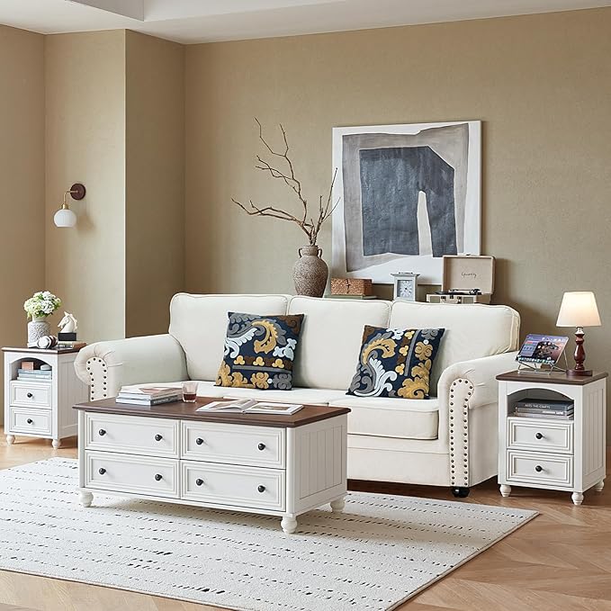 Farmhouse Dressers & Night Stand Set of 3, Wood 54" Wide 6 Drawer Dresser & 43.5"Tall Chest of Drawers, 18" with Charging Station Nightstand, Bedroom Furniture Dresser Set for Home Living Room Hallway