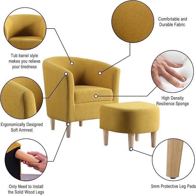 DAZONE Accent Chairs Set of 2 Mid Century Modern Chair with Ottoman Comfy ArmChair Footrest Set Comfortable Living Room Chairs Upholstered Barrel Club Tub Chair for Bedroom Reading Room Mustard Yellow