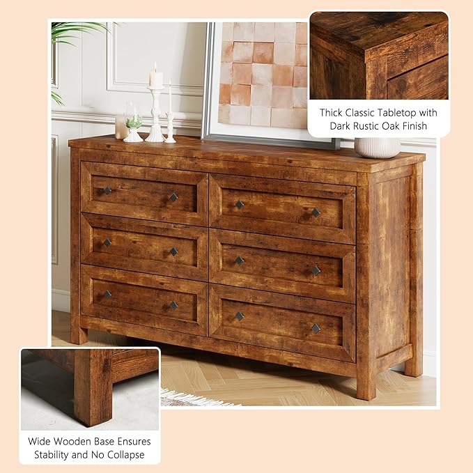 Farmhouse 6 Drawers Dresser, Wood Rustic Chest of Drawers for Bedroom, Closet Storage Dressers Organizer, 6 Drawers Chest for Living Room, Hallway, Rustic Brown
