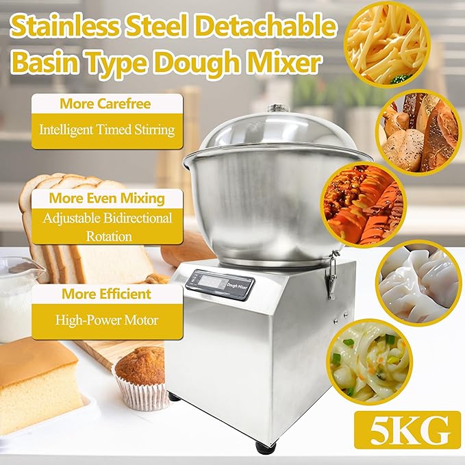 Stainless Steel Dough Mixer Machine Detachable Basin Type Food Mixing Machine 5KG Capacity 110V Bidirectional Rotation Flour Mixer with Timing Function Suitable for Household Commercial Use