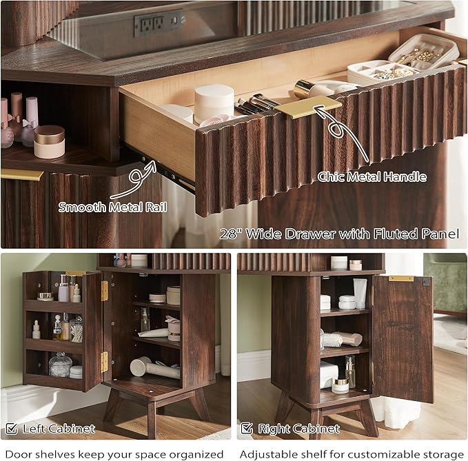 T4TREAM Fluted Makeup Vanity Desk with 3 Way Mirror and Lights, 48" Large Corner Vanity Table with Glass Top, Charging Station, 3 Drawers, Storage Cabinets & Shelves, for Bedroom, Dark Walnut