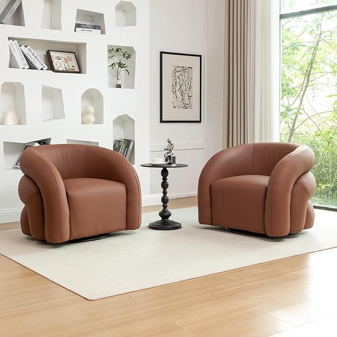34.6" W Swivel Accent Chair, Modern Round Faux Leather Armchair for Living Room,Upholstered Comfy Sofa Chairs for Bedroom Reading Apartment Lounge,Fully Assembled(Brown)