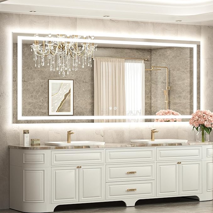 TETOTE 72 x 32 LED Bathroom Mirror, Brighter Lighted Bathroom Vanity Mirror with LED Lights, Light up Front and Backlit 3-Color Dimmable Anti Fog Illuminated Mirror, Waterproof, Shatterproof