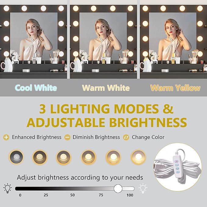 Vanity Desk with Mirror and Lights, Makeup Dressing Table Set with Storage Drawers & Stool, Power Outlet, 3 Lighting Modes Adjustable Brightness & RGB Ambient Light for Women Girls Bedroom, Black