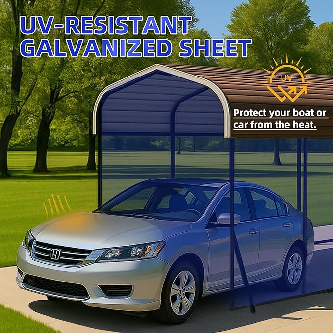 12x20 Metal Carport with Base Fixings Heavy Duty Garage Outdoor Chrome Plated Frame and Sheet Metal Construction Suitable for Boats, Cars, Tractors and Agricultural Equipment, Light Gray