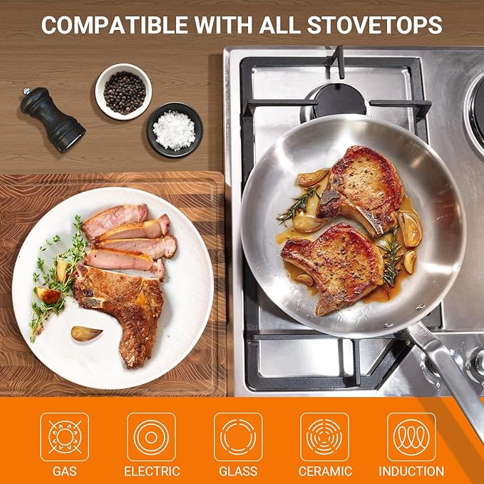 8 Inch Stainless Steel Frying Pan - 5 Ply Stainless Clad Skillet with Aluminum Core, Durable and Even Heating, Professional Cookware for Induction, All Stoves, Oven and Dishwasher Safe