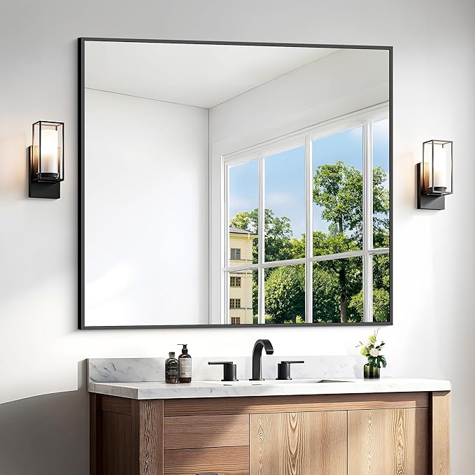 BONEWEI Bathroom Mirror,36x40 inch Wall Mirror for Bathroom Wall Mounted Black Rectangle Square Corner Mirrors, Black Bathroom Mirror for Living Room, Farmhouse, Bedroom Entryway, Horizontal/Vertical