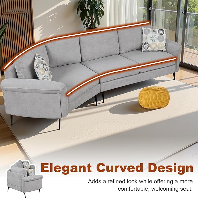 111" Sectional Couch, Upholstered Curved Sofa Couch with Two Printed Pillows, Sectional Couches for Living Room and Office, Cool Grey