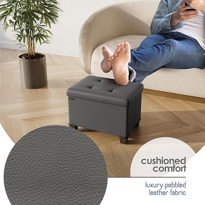 STORAGEBUD Storage Ottoman Cube with Small Bin, 16-in Square Ottoman with Storage for Living Room and Bedroom, Small Ottomans Foot Rest, Faux Leather Foot Stools Ottomans Max 330lbs, Grey