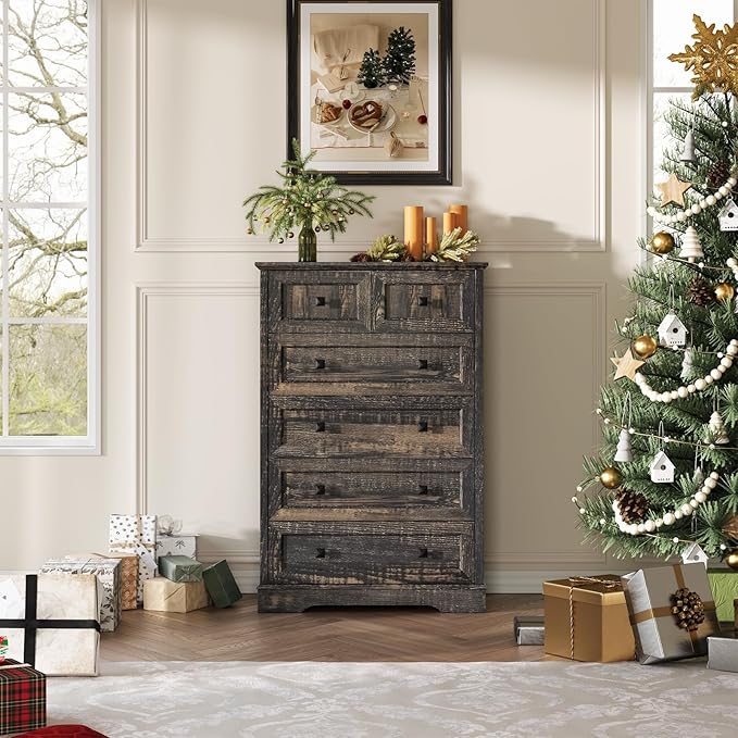 Farmhouse 6 Drawers Dresser Chests for Bedroom,Tall Chest of Drawers, Wood Dressers Organizer for Closet, Modern Storage Organizer Cabinet for Bedroom,Living Room,Hallway & Entryway,Dark Rustic Oak