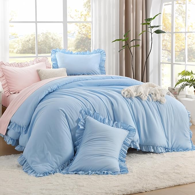 Litanika Light Blue Queen Comforter Set, 3 Pieces Ruffle Farmhouse Aesthetic Bedding Comforter Set, All Season Soft Lightweight Fluffy Microfiber Bed Set(90x90In Comforter, 2 Pillowcases)