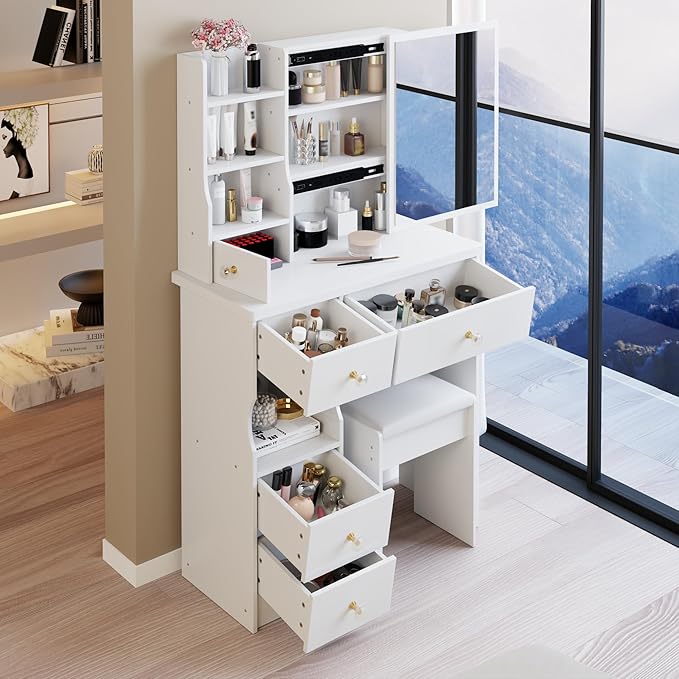 29.2" Small Vanity Desk with Mirror, Makeup Table with Sliding Mirror, Dressing Table with Multi Layer Capacity Storage, Vanity Set with 5 Drawers and Stool for Small Space Bedroom, White