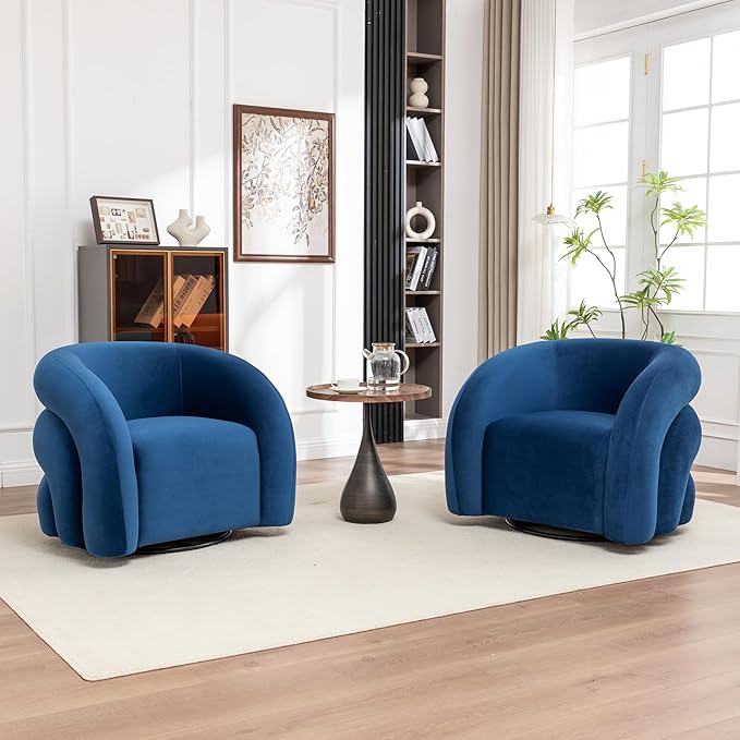 34.6" Velvet Swivel Accent Chair, Modern Round Armchair for Living Room,Upholstered Comfy Sofa Barrel Chairs for Bedroom Reading Apartment Lounge,Fully Assembled(Navy Blue)