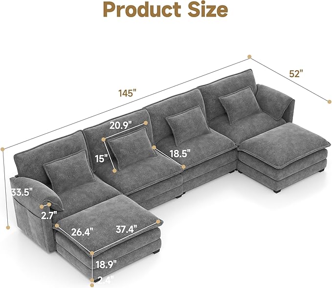 Real Relax 145'' Modular Sectional Sofa, U Shaped Chenille Convertible Couch with Movable Ottoman, 8 Pillows and 2 Armrest Pillows for Living Room, Office and Leisure Places, Dark Gray