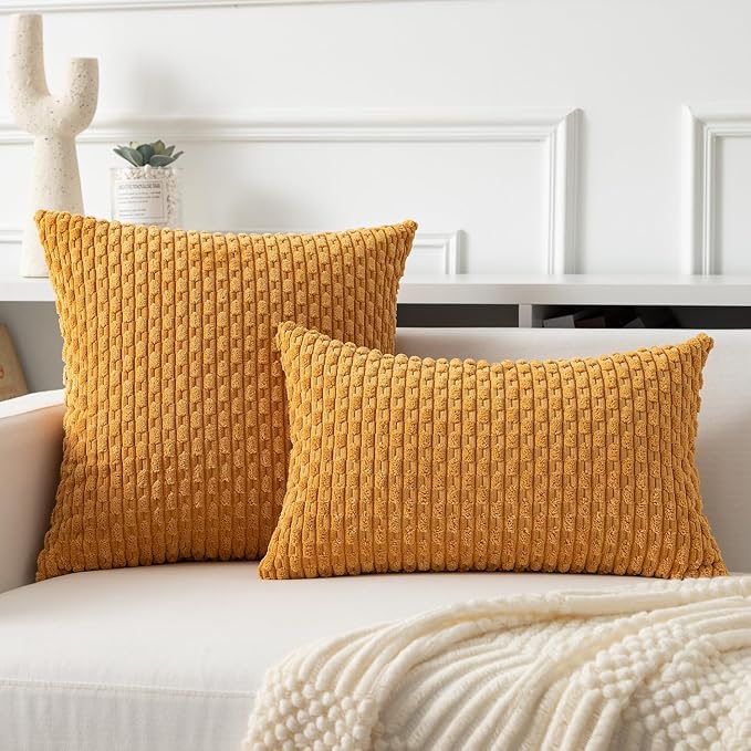 Kevin Textile Throw Pillow Covers Soft Corduroy Decorative Set of 2 Boho Striped Pillow Covers Pillowcases Farmhouse Home Decor for Couch Bed Sofa Living Room 22x22 Inch Golden Yellow