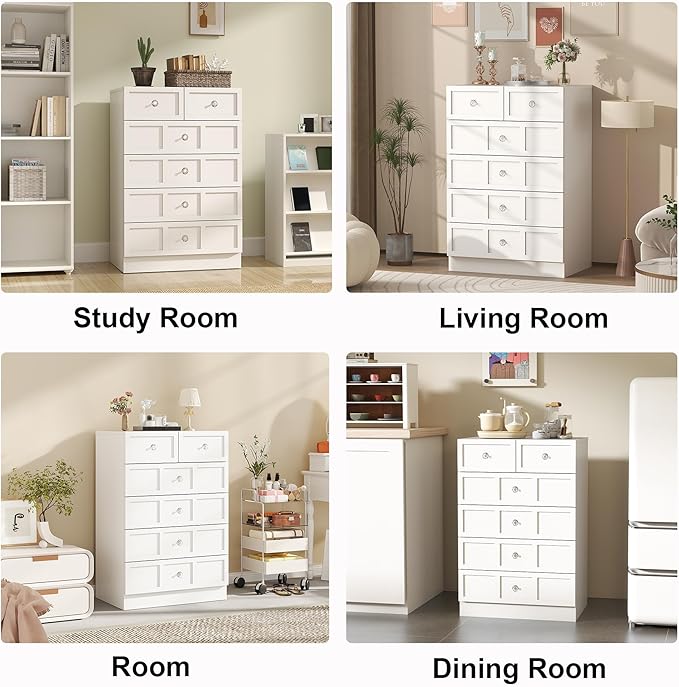 6 Drawer Dresser for Bedroom: 24" Fluted White Dresser Deep Drawers, Modern Chest of Drawers for Bedroom, Fluted Wood Dressers for Living Room, Hallway