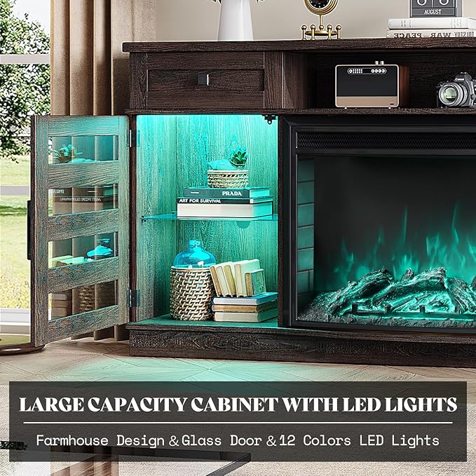 Farmhouse Curved Fireplace TV Stand, 70" LED Light Entertainment Center Table with 36'' Upgrade Electric Fireplace TV Console Cabinet for TVs Up to 80", Dark Walnut