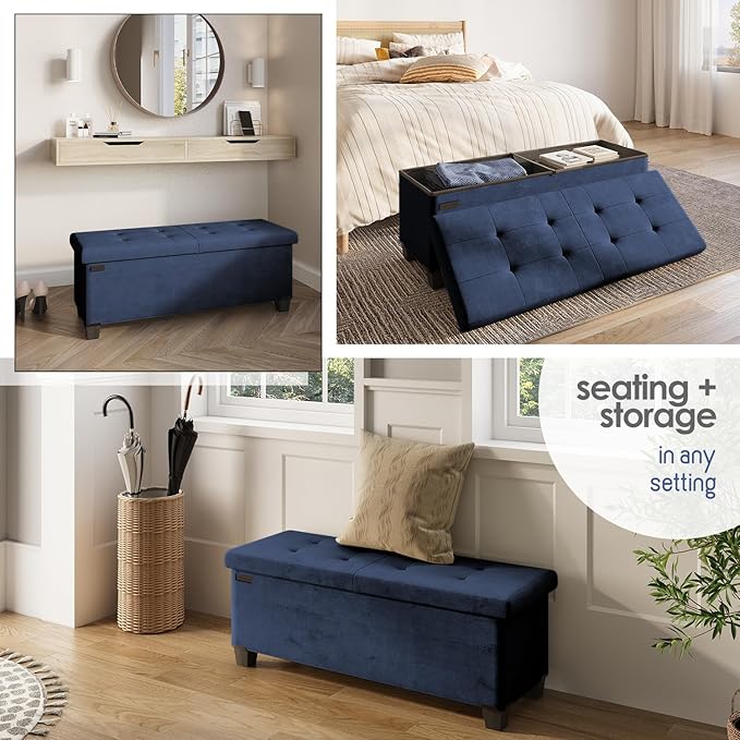STORAGEBUD Storage Ottoman Bench with Bins, 43-in Storage Bench for Bedroom End of Bed, Folding Foot Rest Ottoman for Living Room Max 660lbs, Velvet Ottomans, Blue