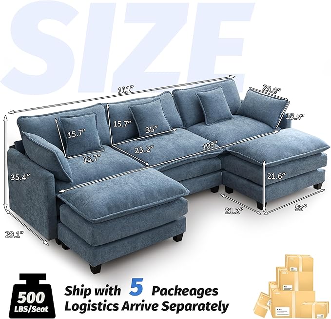 111'' Sectional Cloud Deep Seat Couch, Oversized Chenille U Shaped Sectional Sofa for Living Room Set, Comfy Upholstered Modular 5-Seats Sectional Sofa Couch with 2 Movable Ottoman,Blue