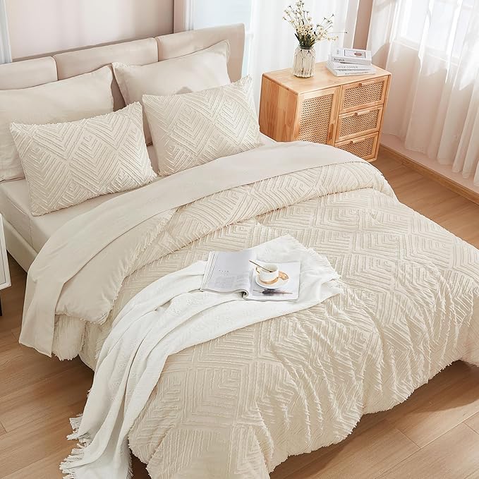 Andency Beige Full Size Comforter Set with Sheets - 7 Pieces Bed in a Bag Boho Tufted Bedding Sets Fluffy Lightweight Full Bed Set with Comforter, Sheets, Pillowcases & Shams for All Season