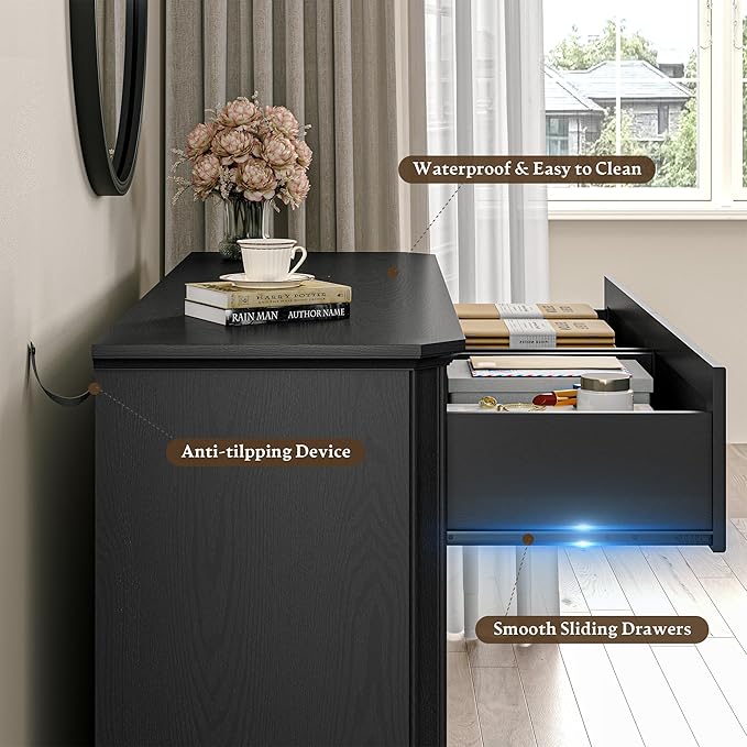 Farmhouse Dresser for Bedroom with 6 Drawer, 48" Wide Rustic Chest of Drawers with Metal Handle, Wood Vintage Dresser TV Stand, Wooden Closet Storage Dressers Organizer for Living Room, Hallway, Black