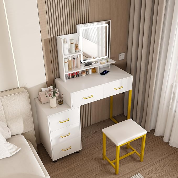 Vanity Desk with Mirror and Lights, Makeup Vanity Table with 5 Drawers, LED Light with 3 Color Settings & Power Outlet, White Vanity with Chair for Bedroom or Dressing Room