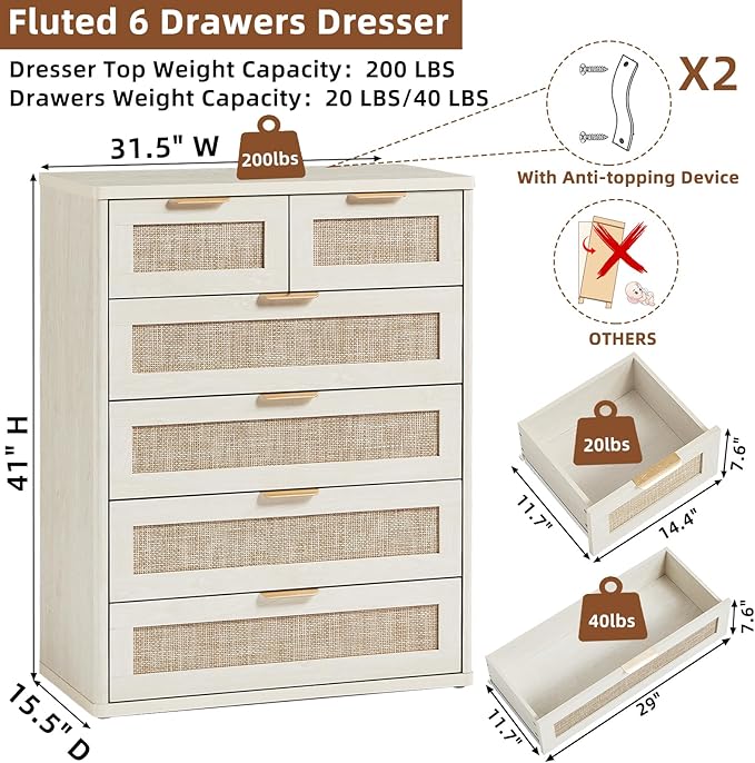 LEYAOYAO White Dresser for Bedroom Set of 2, 41" Tall Chest of Drawers, Modern 6 Drawers Boho Rattan Dressers with Storage, Dresser Wooden Closet Organizer for Living Room, Hallway