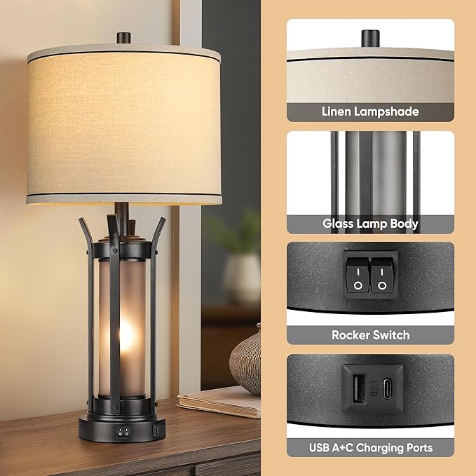 QiMH Farmhouse Table Lamps for Living Room, Beside Lamps for Bedroom with USB A+C Charging Ports, Rustic Nightstand Lamp Set of 2 with Frosted Glass Night Light, 4 Bulbs Included (Black)