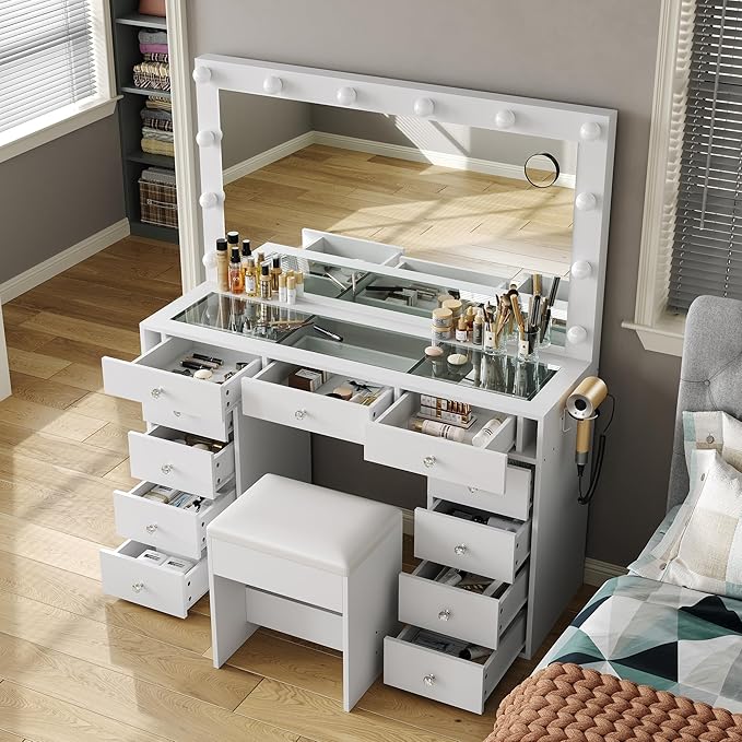 Vanity Desk with Power Outlet, Makeup Vanity with Mirror and 12 LED Lights, 3 Lighting Modes,11 Drawers Vanity Table with Chair, Glass Top, Dressing Table for Bedroom,Dressing Room, White