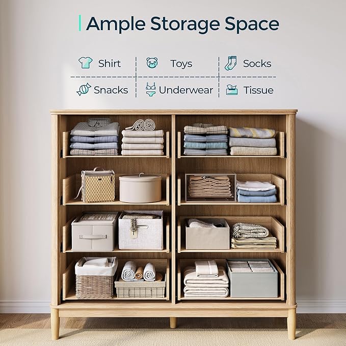 LINSY HOME Fluted Dresser for Bedroom with 8 Drawers, 47" Wide Chest of Drawers, Mid Century Modern Dresser TV Stand with Metal Handle, Wood Closet Storage Cabinet for Living Room, Hallway, Oak