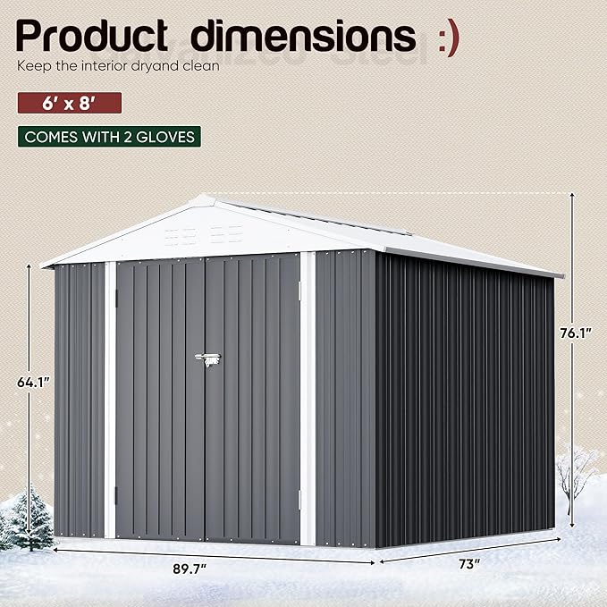 GUNJI 8 x 6 FT Shed Outdoor Storage Shed Metal Garden Shed with Lockable Door Outside Waterproof Tool Shed for Backyard, Patio, Lawn (Gray)